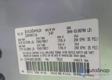 2007 Dodge Ram 1500 St z USA, uszkodzony, nr VIN 1D7HA18K67J587861